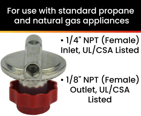 0-10 Psi Adjustable Propane Regulator For Smokers And Turkey Fryers With One Quarter Inch NPT Female Inlet And One Eighth Inch NPT Female Outlet UL Listed For Standard Propane And Natural Gas Appliances Easy To Install Hot Max