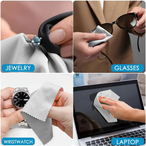 Image of 120 Pack Two Color Microfiber Cloths 7x6 Inch For Glasses Screens Cameras Phones used on jewelry, glasses, wristwatch, and laptop.