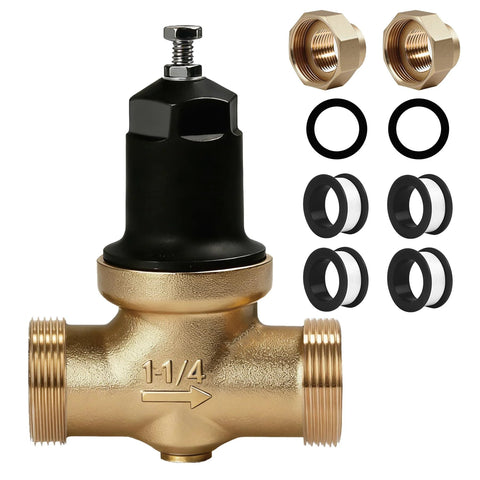 Brass 1-1/4 in NR3XL pressure reducing valve, black top adjustment; dual NPT connection, two brass nuts and O-rings.