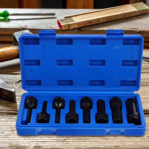 Front view of blue plastic case housing 8-piece 1/2-inch drive impact hex socket set