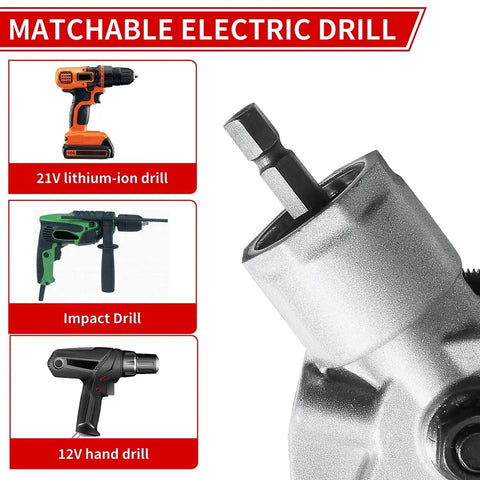 Drill Cut Pro Metal Cutting Adapter compatible with 21V lithium-ion, impact, and 12V hand drills, close-up