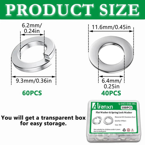 Product packaging of 100Pcs M6 Stainless Steel Flat And Split Lock Washers Set, High Strength And Corrosion Resistant, Ideal for Electrical Connections