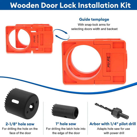 All-In-One Door Installation Kit With Hinge Jig, Lock Bore Template, And Latch Mounting Tools, Hole Saw, Drill Bit