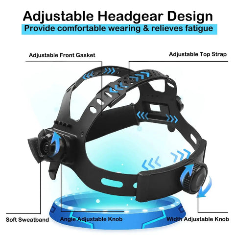 Adjustable headgear of Auto Darkening Welding Helmet With True Color Solar Powered Hood Pro Grade showing adjustment options