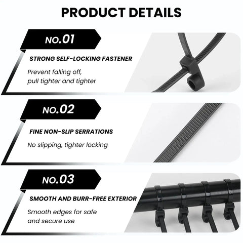 Beefy Heavy Duty Zip Ties With Screw Hole For Mounting 75 lb Tensile Strength Seven And A Half Inch Indoor Outdoor Nylon Cable Ties