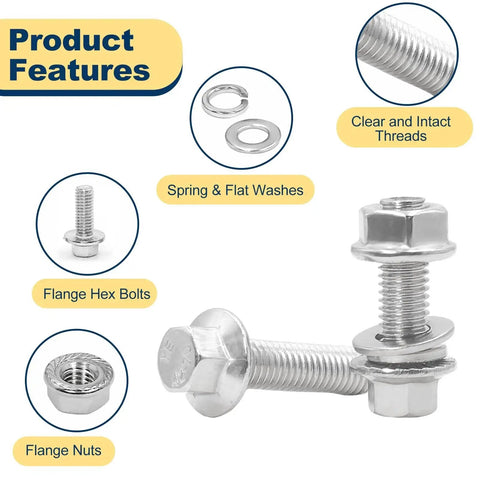 Beefed-Up Heavy Duty 1/4-20 Stainless Steel Flange Bolts Kit With 248 Piece Set shown with hex bolts, flange nuts, washers.