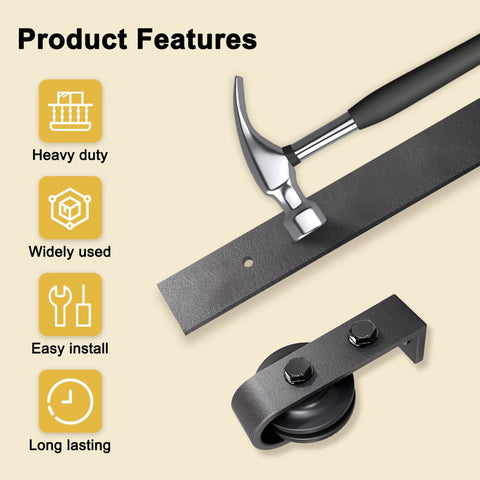 Features of a heavy-duty 40 inch bifold barn door hardware kit for two 18 inch doors with top-mount rollers and rust-resistant coating.