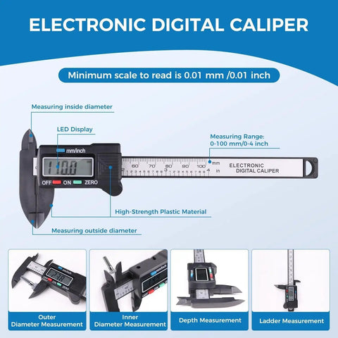 Electronic digital caliper with LED display showing 0.01 mm measurement capability, part of Must-Have All-In-One 3D Printer Tools Kit 36 Piece Set For Post Processing Finishing Smoothing And Carving With Deburring Tool Digital Caliper Knife Set Removal Tools Pliers Cutters And Handy Storage Bag Sovol Compatible.