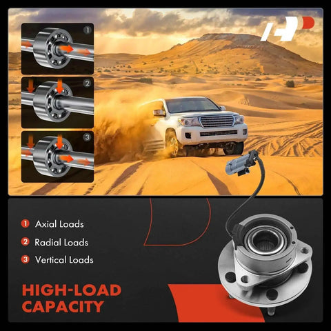 Driving through desert showcasing two front wheel bearing and hub assembly with ABS and five lug, highlighting axial, radial, vertical loads