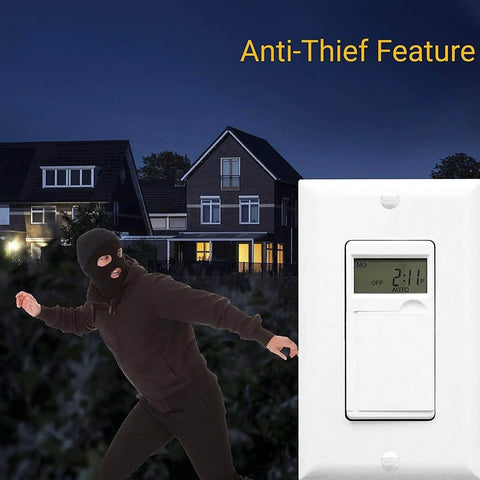No-Fuss Programmable Digital Timer Switch For Lights, Fans, And Motors, featuring anti-thief mode, shown in front of a house at night.
