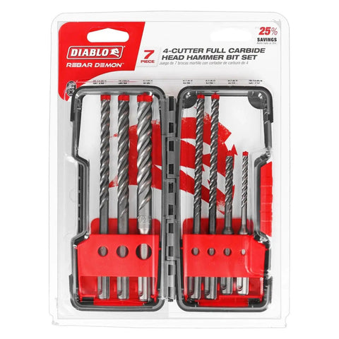 Rebar Demon 7-Piece SDS-Plus Hammer Drill Bit Set With Full Carbide 4-Cutter Head For Concrete And Reinforced Materials