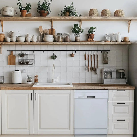 Modern kitchen with white cabinets featuring 30 Pack 5 Inch Kitchen Square Cabinet Handles Matte Black Pulls For Cabinets and Cupboards.