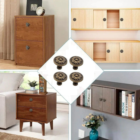 Vintage Flower Shape Cabinet Knobs Set Of 6 Bronze Tone Metal Drawer Pull Handles installed on various cabinets and drawers