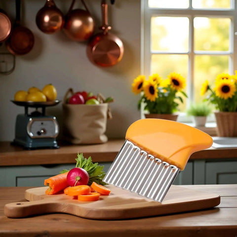 Orange Crinkle Cutter Slicer For Potatoes Carrots And Veggies, Stainless Steel Wavy Cutter on kitchen counter with sliced veggies