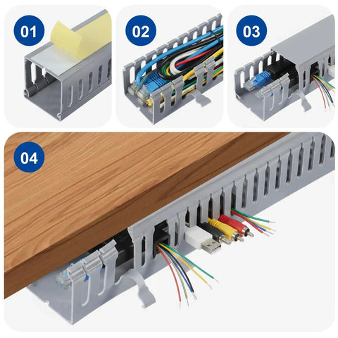 Four-step installation of Six Piece Open Slot Wiring Raceway Duct for Under Desk Cable Management, showing tape application and wire organization.