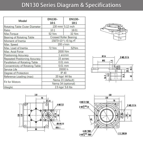 Diagram of Hollow Rotary Actuator with High Precision Rotating Platform specifications, 1 arcmin positioning, fits Nema 23 motor