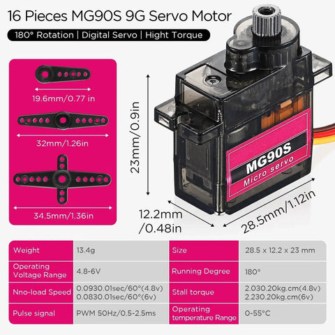 16 Pack Mini SG90 9g Micro Servo Motors RC Servo Kit with arms, fixing screws, easy mounts for robots, planes, cars, and boats.