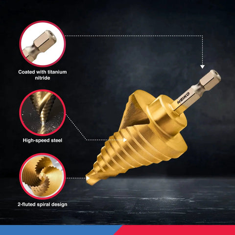 Pro Grade Step Drill Bit Set For Metal And Wood With Titanium Coated Unibits 50 Total Step Sizes In A 5 Piece SAE Spiral Grooved