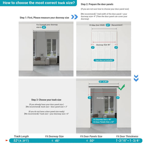 Diagram showing installation guide for 52 Inch Bi Folding Sliding Barn Door Hardware Track Kit for Small Spaces with measurements.