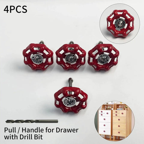 4 Pack Vintage Iron Valve Cabinet Knobs And Pulls With Drill Bit, red, disc-shaped industrial style set for cabinets and drawers