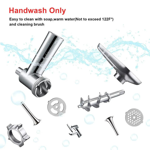 Metal Meat Grinder Attachment For KitchenAid Stand Mixers With Four Grinding Plates Two Grinding Blades And Three Sausage Tubes disassembled for cleaning