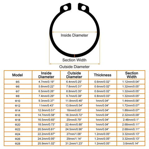 210 Piece External Retaining Ring Set In 14 Sizes For Valves And Electrical Appliances, 65Mn Carbon Steel Circlip Snap Rings Assortment Kit For Round Wire Retaining Rings with size chart