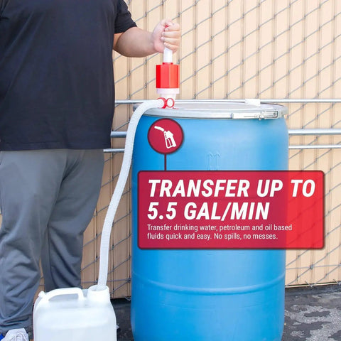 Portable Manual Fuel Drum Pump For Fifty Five Gallon Drums With Adjustable Length BPA Free Heavy Duty And Easy To Use Delivers Up To Five And A Half Gallons Per Minute Includes Flexible Forty Seven Point Two Inch Discharge Hose And Siphon Cap in use on blue drum