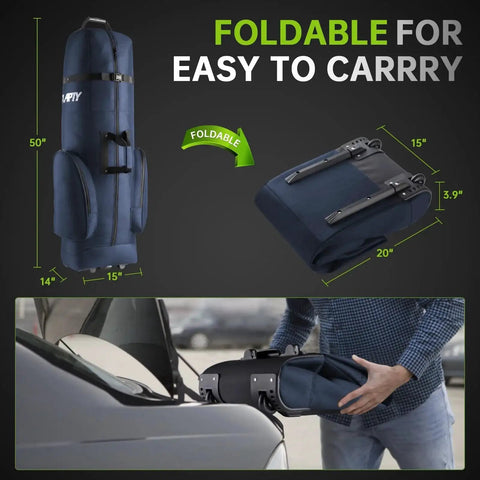 Built Tough Padded Golf Travel Bag With Wheels For Airlines Durable 1680D Wear Resistant Oxford And Waterproof Coating Layer Universal Size Golf Luggage Case In Blue shown folded and placed in car trunk.