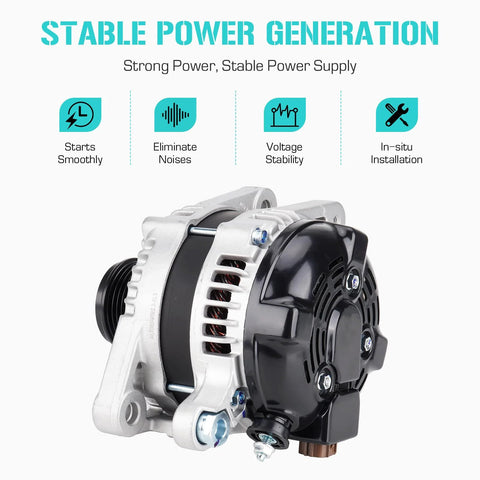 3.5L Alternator Direct Fit For Venza Highlander Avalon Rx350 Es350 2005-2018 2008-2013 2007-2015 2009-2015 OE Grade Replacement With Solid Output And Easy Install 27060 0P151 84 11137N, showing features and side view of alternator