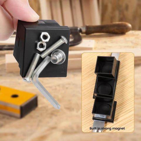 Hand holding Six Module Dovetail Jig And Saw Guide For Precise Cuts With Magnetic Aluminum Alloy Gauge, highlighting assembly view.