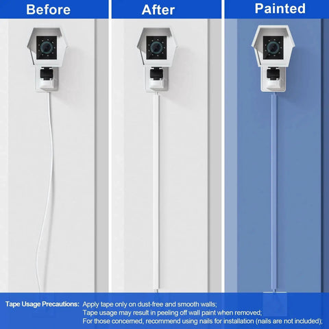Cord Hider For One Wire 102 Inch Cable Concealer Paintable Wall Wire Covers installed on wall before and after concealment, painted blue wall.