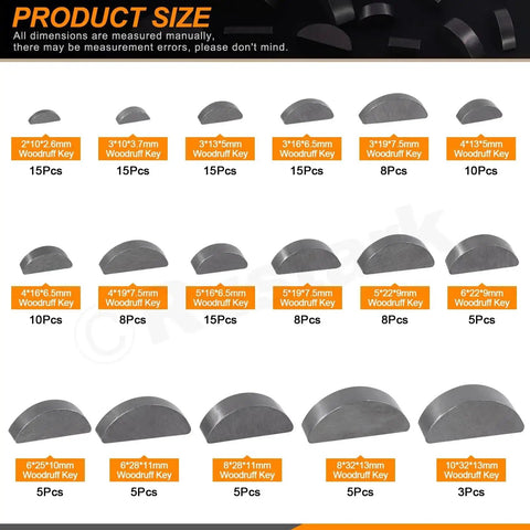 Woodruff Key Stock Assortment Kit 155 Piece Half Moon Semicircle Flywheel Key Set With 17 Sizes Metric Hardware chart