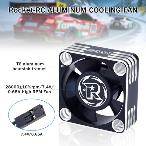Front view of 30mm RC Cooling Fan for ESC and Brushless Motors up to 28000 RPM, black silver finish, displayed with specs.