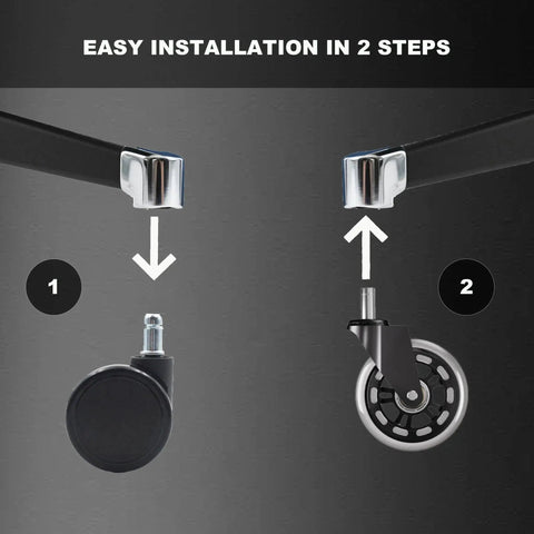 Easy installation in 2 steps for Heavy Duty Rubber Chair Wheels Replacement Set Of 5 For Hardwood Floors And Carpet