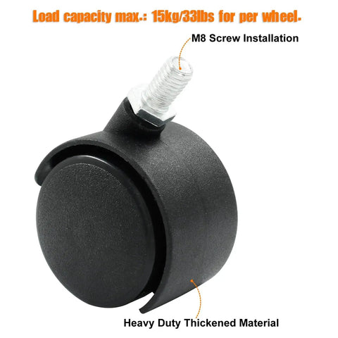 Close-up view of Four 1.5 Inch Swivel Caster Wheels With 8 Mm M8 Threaded Stem Heavy Duty Nylon Casters For Furniture Tables Cabinets And Shelves Replacement Black 40 Mm Wheel Diameter And 65 Mm Total Height, showing M8 screw installation and heavy-duty material.