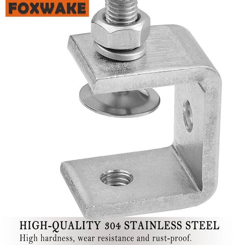 C-clamp, stainless steel mini 1-inch mounting clamp with wide jaw and protective pads.