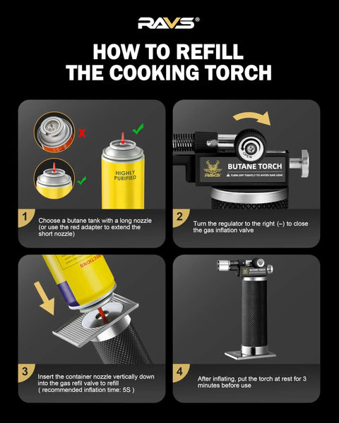 Four-step guide on how to refill a Dual Flame Butane Torch Lighter for Cooking and Soldering Refillable Kitchen Torch.