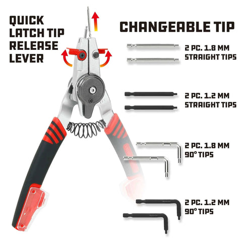 Two In One Snap Ring Pliers With Internal External Switch Reversible Design For Tool Free Quick Remove And Install Works On Internal Rings From Three Eighths To Two Inches And External Circlips From One Quarter To Two Inches Spring Loaded Tips Included showing pliers with changeable tips and quick latch lever.