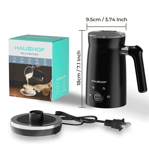 4 In 1 Electric Milk Frother And Steamer With Large Capacity For Hot Or Cold Foam beside box and base.