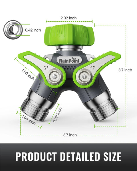 RainPoint 2-way garden hose splitter with shutoff valves, green metal body, 3/4 inch GHT threads, 1.9 inch handle