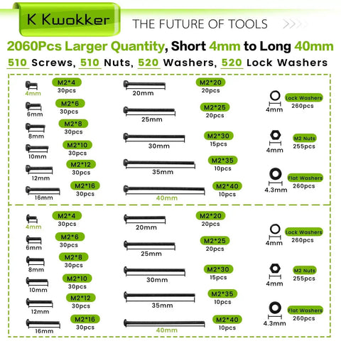 M2 Screw Kit 4mm To 40mm Assortment With Nuts Bolts Washers Lock Washers 2060Pcs Zinc Plated Socket Head And Button Head Screws