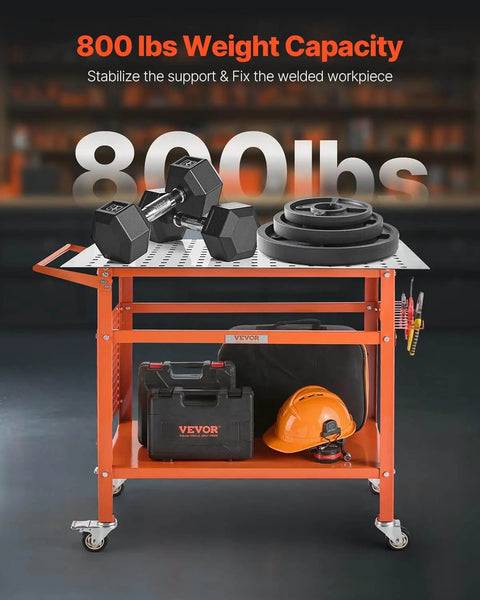 Beefy 40-Inch By 24-Inch Welding Table On Wheels With 800 Lbs Static Load And 600 Lbs Dynamic Capacity, weights on top.