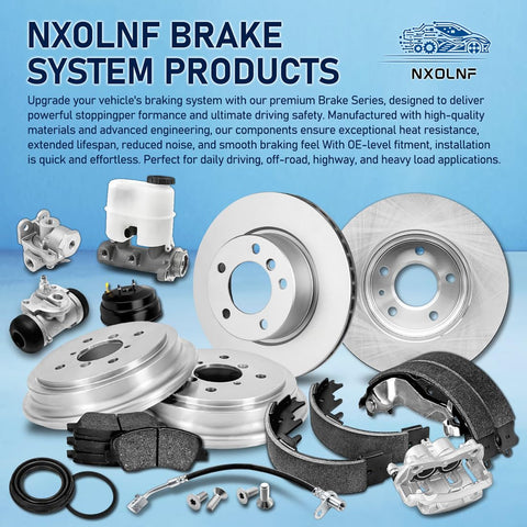 NXOLNF brake system products including rotors, calipers, and brake pads displayed on a blue background