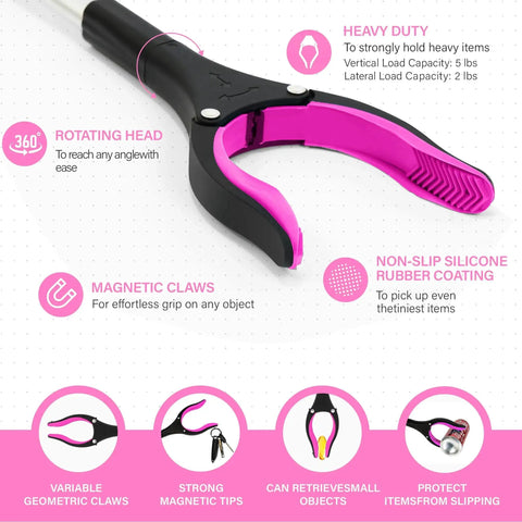 Close-up of the 2 Pack 32 Inch GrabRunner Reacher Grabber Tool With Strong Magnetic Swivel Head In Pink, showing claw and features.