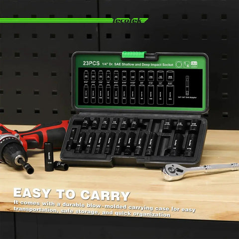 Heavy Duty 23-Piece 1/4 Inch Drive Socket Set With Deep And Shallow 12-Point Impact Sockets Cr-V Steel in carrying case