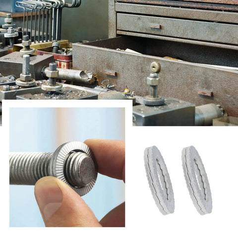 Wedge lock washer set in manganese steel, 30-pair for M8–M20 bolts; collage shows bolt with lock washer and two washers