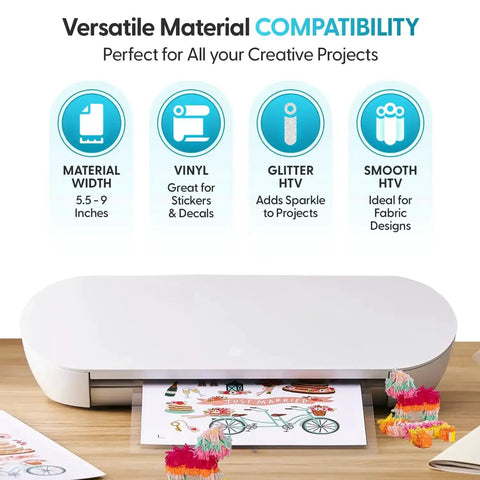 Compact Vinyl Cutter For Home Decals, 4 To 9 Inch Wide, shown with creative project examples, on wooden table.