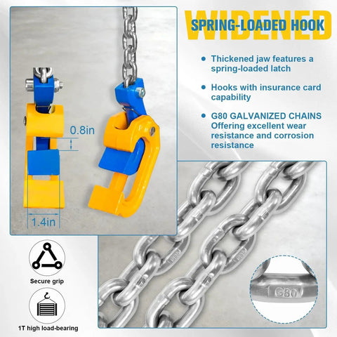 Two-tone SENKEYFE chain drum lifter clamps in yellow and blue with chain and self-locking hook for 30–55 gallon drums.