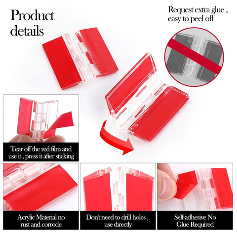 12 Pack Acrylic Clear Self Adhesive Small Hinges 35x30mm Piano Style Hinges with red protective film for easy mounting