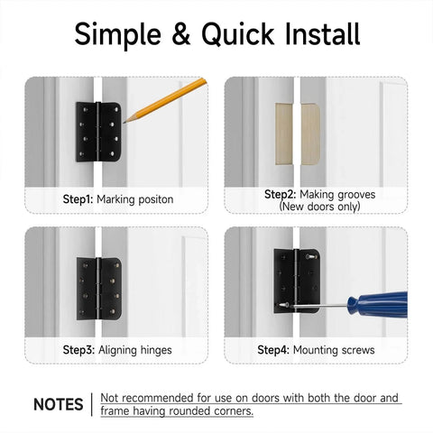 Installation steps for 3 Pack Black Exterior Door Hinges 4 Inch With Five Eighth Inch Radius Removable Pin Rust Resistant